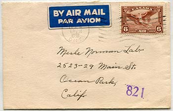 Canada #C5 Toronto to California Cover 1938
