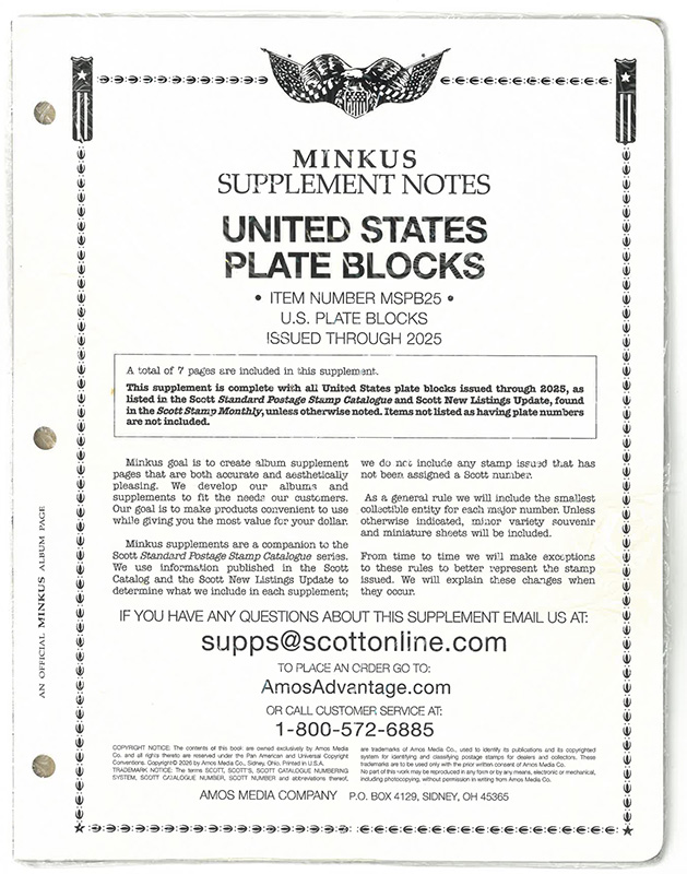 Minkus U.S. Plate Block 2025 Supplement