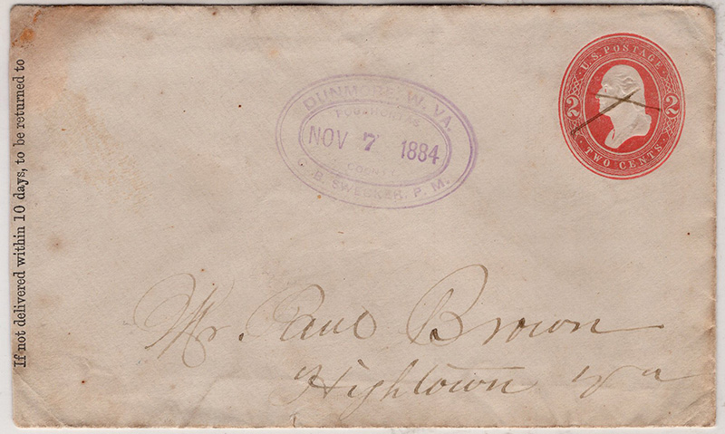 U.S. #U243 Dunmore, W. Va. cds