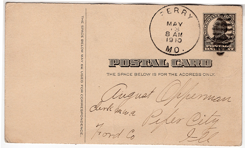 U.S. #UX20 Mckinley Perry MO cds 1910