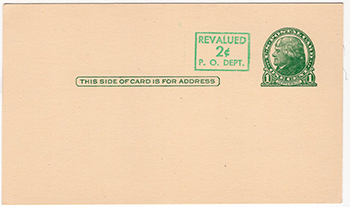 U.S. #UX39 Mint Jefferson 'Revalued' by Canceling Machine horizontal on buff