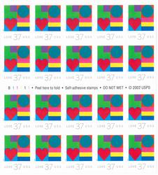 U.S. #3657a 37c Love Stamp, Pane of 20