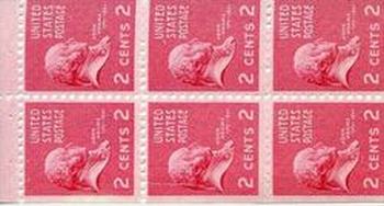 U.S. #806b John Adams Booklet Pane of 6, 2-1/2mm vertical gutter