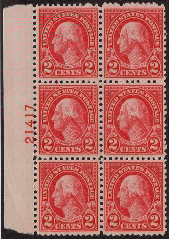 U.S. #634 $5 Coolidge PNB of 6 Experiental Eye Plate MNH