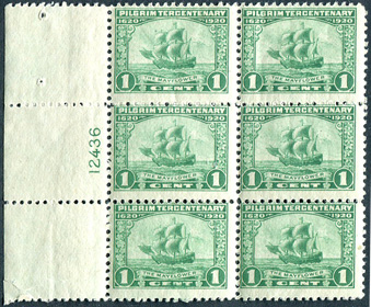 U.S. #548 Pilgrim Tercentenary MNH PNB of 6