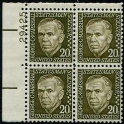 U.S. #1289 20c George Marshall PNB of 4