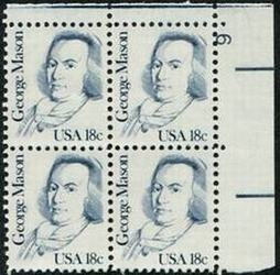 U.S. #1858 18c George Mason PNB of 4