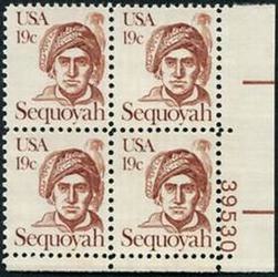 U.S. #1859 19c Sequoyah PNB of 4