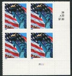 U.S. #3978 Flag & Statue of Liberty PNB of 4