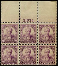U.S. #725 Daniel Webster PNB of 6 Mint