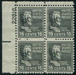 U.S. #821 16c Abraham Lincoln PNB of 4