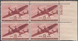 U.S. #C28 15c Twin-Motored Transport Plane PNB of 4