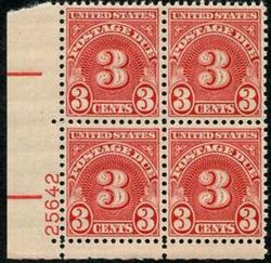 U.S. #J82 3c Postage Due Perf. 11x10 PNB of 4