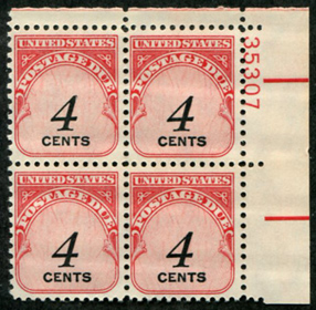 U.S. #J92 4c Postage Due Denomination in Black PNB of 4