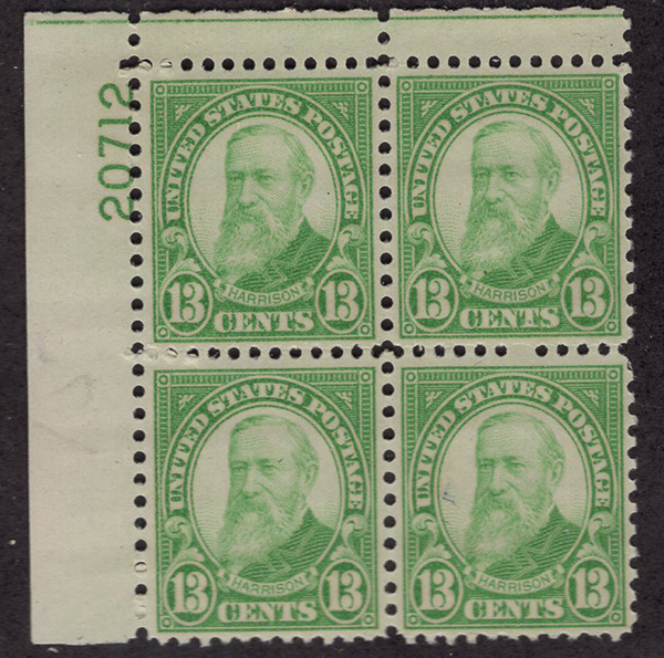 U.S. #694 13c Harrison MNH PNB of 4