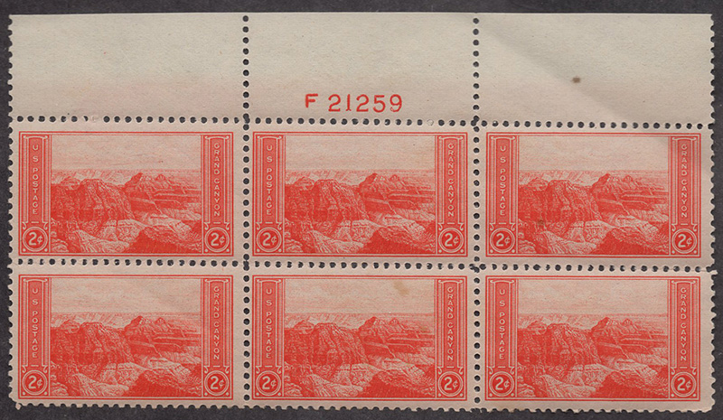 U.S. #741 View of Grand Canyon MNH PNB of 6
