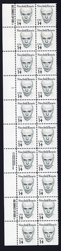 U.S. #1856 14c Sinclair Lewis PNB of 20