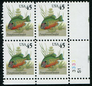 U.S. #2481 45c Pumpkinseed Sunfish PNB of 4