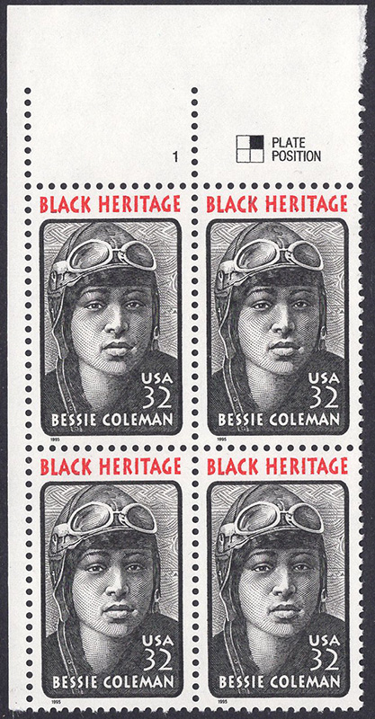 U.S. #2956 Bessie Coleman Issue PNB of 4