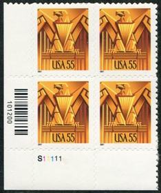 U.S. #3471 55c Art Deco Eagle PNB of 4