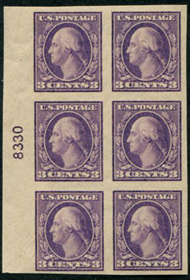 U.S. #484 3c violet MNH PNB of 6