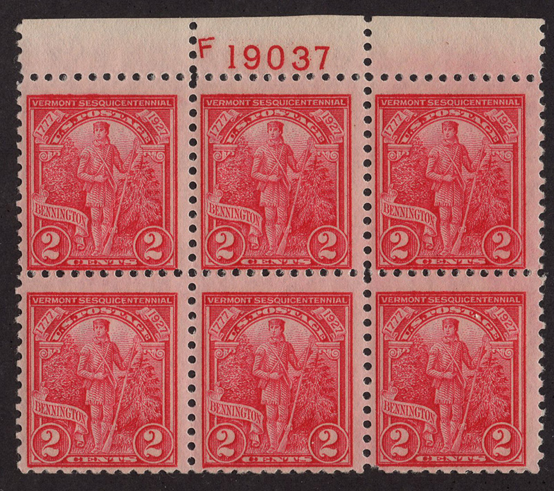 U.S. #643 Green Mountain Boys MNH PNB of 6 #F19037