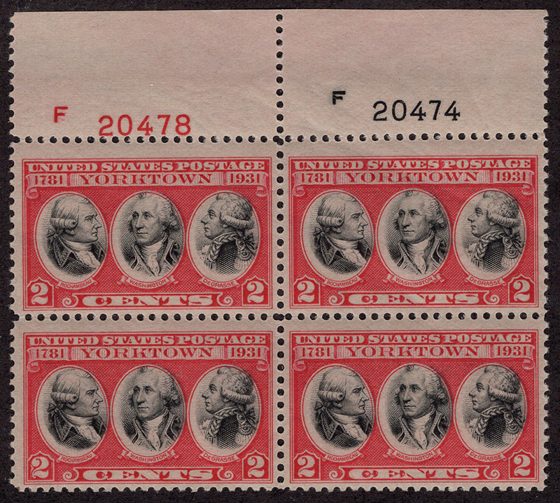 U.S. #703 Yorktown PNB of 4 MNH