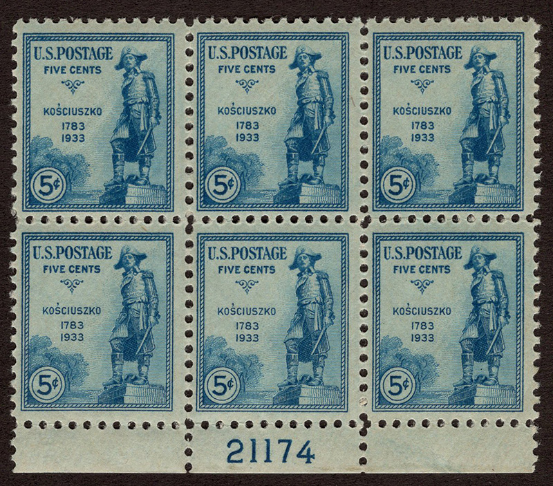 U.S. #734 Gen. Kosciuszko MNH PNB of 6