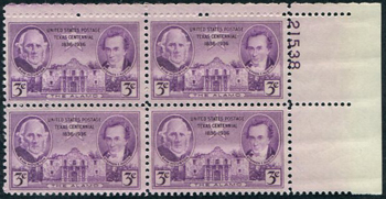 U.S. #776 Texas Centenary PNB of 4