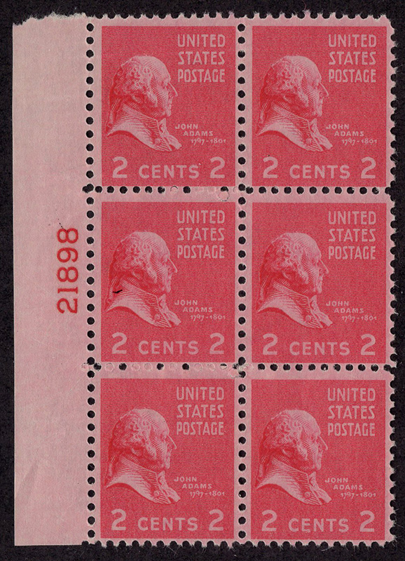 U.S. #806EE 2c John Adams PNB of 6 (Expermental EE Plate)