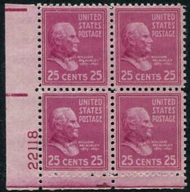 U.S. #829 25c William McKinley PNB of 4