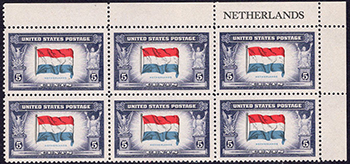 U.S. #913 Overrun Countries - Flag of Netherlands PNB of 6