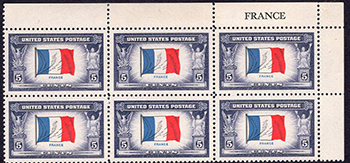 U.S. #915 Overrun Countries - Flag of France PNB of 6