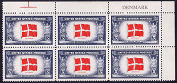 U.S. #920 Overrun Countries - Flag of Denmark PNB of 6