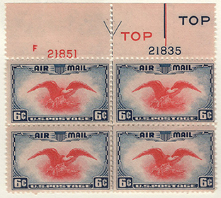 U.S. #C23 6c Eagle Holding Shield PNB of 4 Top