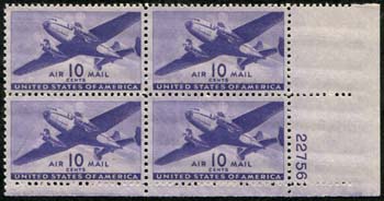 U.S. #C27 10c Twin-Motored Transport Plane PNB of 4