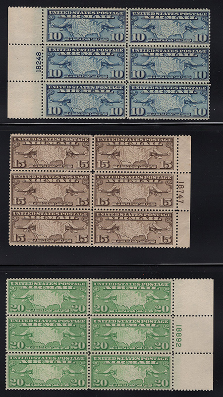 U.S. #C7-C9 Map and Mail Planes MNH PNB of 6