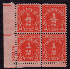 U.S. #J79 1/2c Postage Due Plate PNB of 4