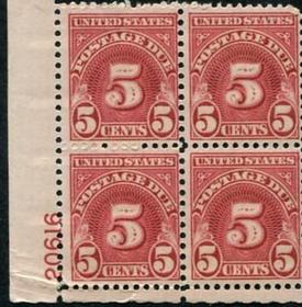 U.S. #J83 5c Postage Due Perf. 11x10-1/2 PNB of 4