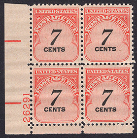 U.S. #J95 7c Postage Due PNB of 4