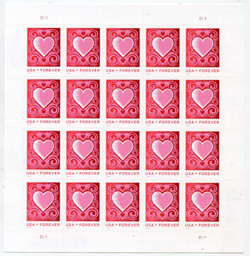 U.S. #4847 Love - Cut Paper Heart Pane of 20