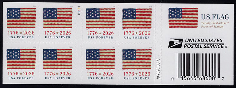 U.S. #6111 US Flag 2026 BCA Dbl-Booklet Pane of 20