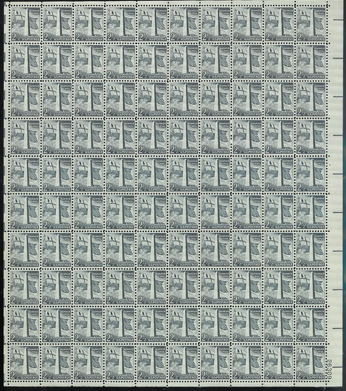 U.S. #1034 2-1/2c Bunker Hill Pane of 100