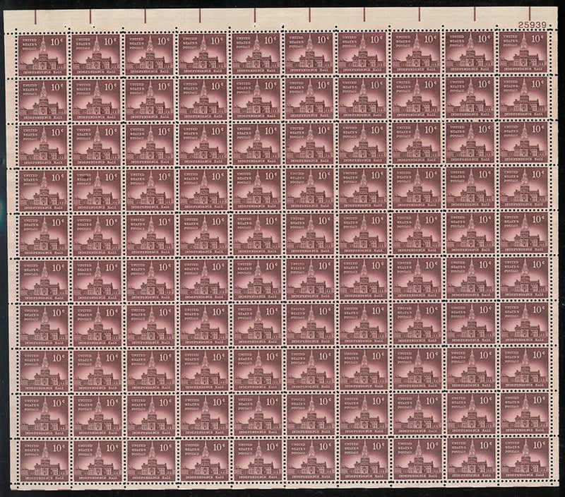 U.S. #1044 10c Independence Hall Pane of 100