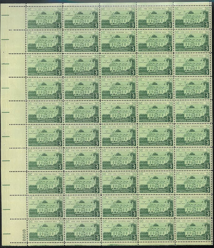 U.S. #1108 Gunston Hall Pane of 50