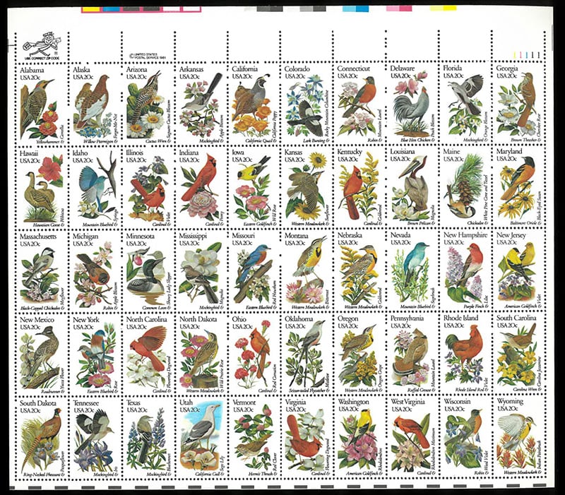 U.S. #2002Ac State Birds and Flowers, Perf. 11.25x11 Sheet