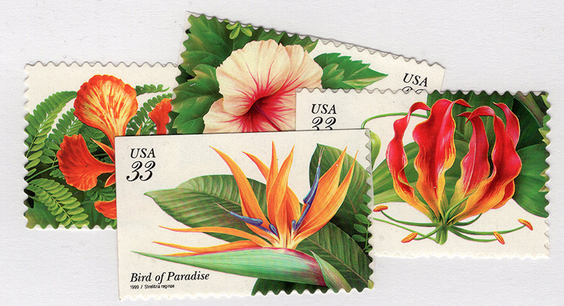 U.S. #3310-13 Tropical Flowers, 4 Singles MNH