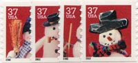 U.S. #3680-83 Christmas Snowmen, 4 Singles MNH