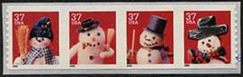 U.S. #3683a Christmas Snowmen Coil Strip of 4 MNH
