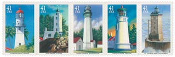 U.S. #4150a Pacific Lighthouses,  Strip of 5 MNH